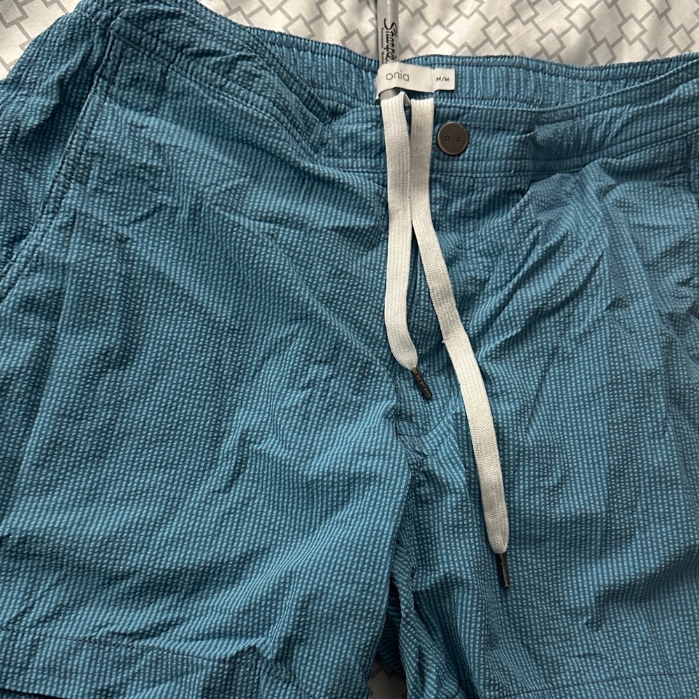 Onia Men's Teal Seersucker Athletic Shorts